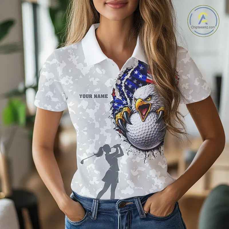 Personalized American Flag Skull Eagle Camo Golf Polo Shirts, Patriotic Golf Outfits