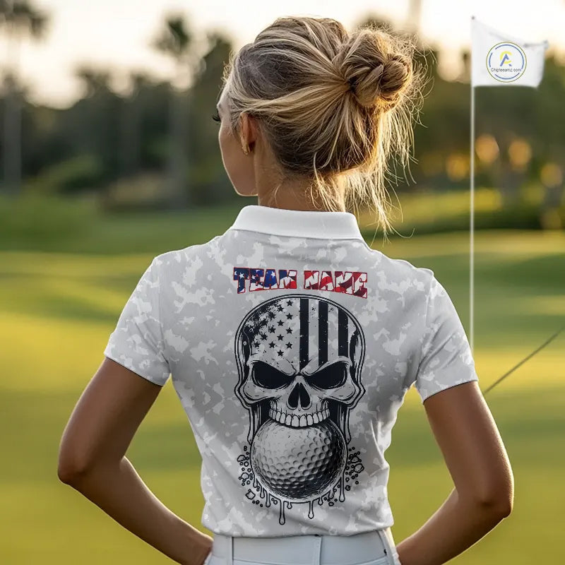 Personalized American Flag Skull Eagle Camo Golf Polo Shirts, Patriotic Golf Outfits