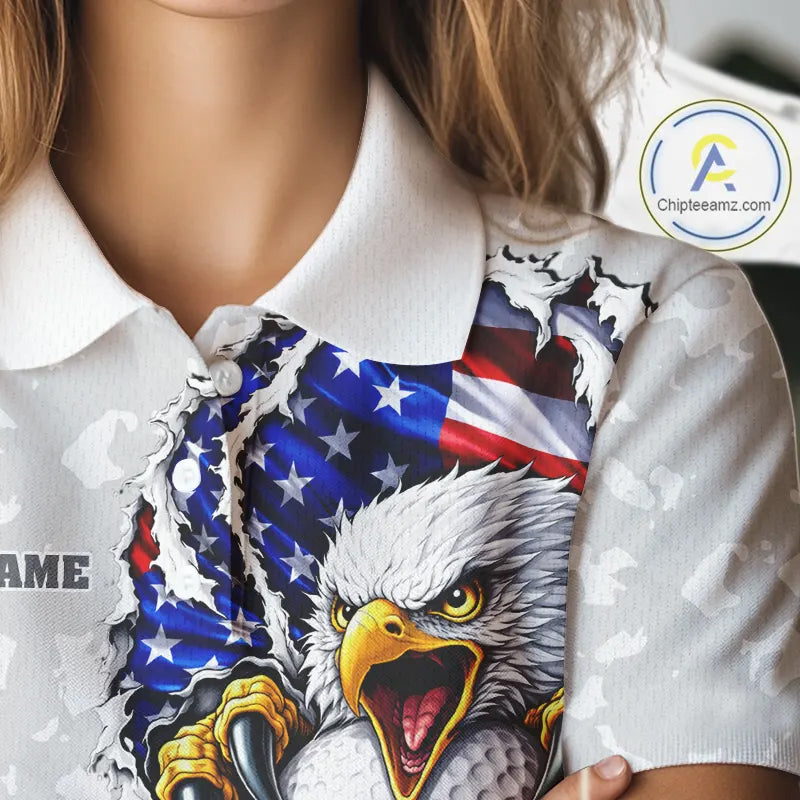 Personalized American Flag Skull Eagle Camo Golf Polo Shirts, Patriotic Golf Outfits