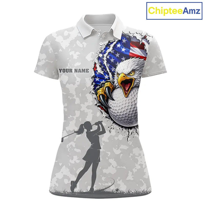Personalized American Flag Skull Eagle Camo Golf Polo Shirts, Patriotic Golf Outfits