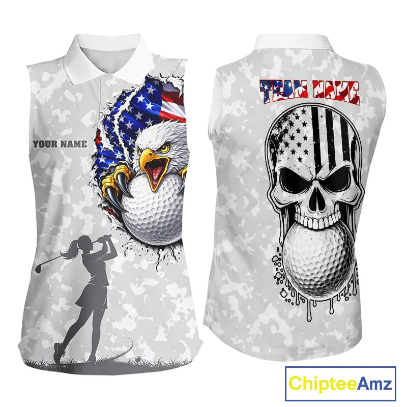 Personalized American Flag Skull Eagle Camo Sleeveless Golf Polo Shirt, Patriotic Golf Outfits