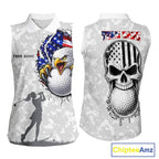 Personalized American Flag Skull Eagle Camo Sleeveless Golf Polo Shirt, Patriotic Golf Outfits