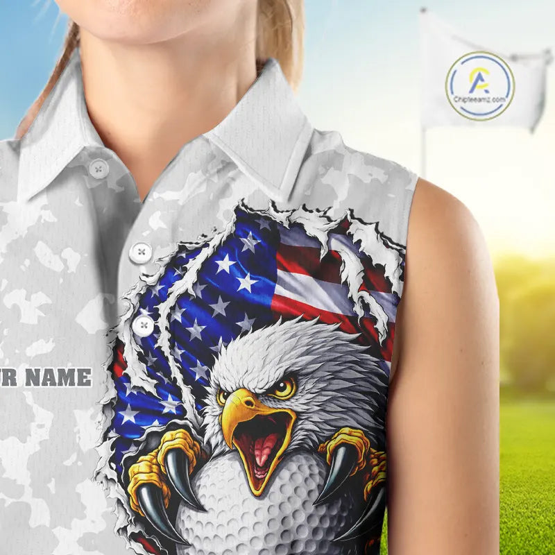 Personalized American Flag Skull Eagle Camo Sleeveless Golf Polo Shirt, Patriotic Golf Outfits