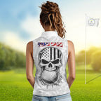 Personalized American Flag Skull Eagle Camo Sleeveless Golf Polo Shirt, Patriotic Golf Outfits