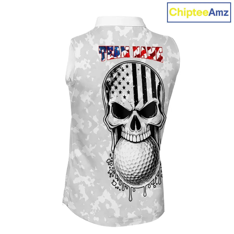 Personalized American Flag Skull Eagle Camo Sleeveless Golf Polo Shirt, Patriotic Golf Outfits