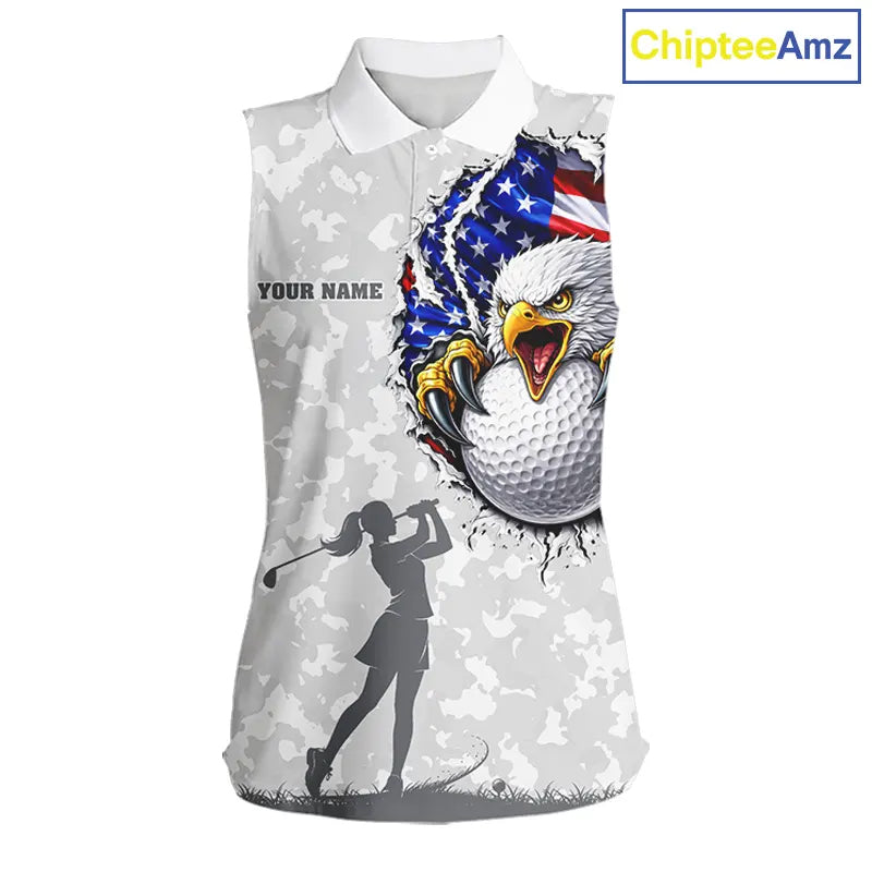 Personalized American Flag Skull Eagle Camo Sleeveless Golf Polo Shirt, Patriotic Golf Outfits