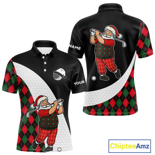 Funny Santa Golf Christmas Polo Shirt green and red argyle pattern Custom Golf outfit