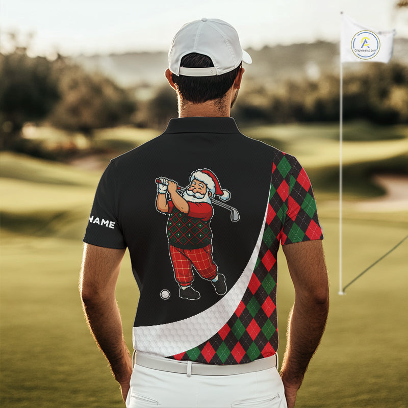 Funny Santa Golf Christmas Polo Shirt green and red argyle pattern Custom Golf outfit