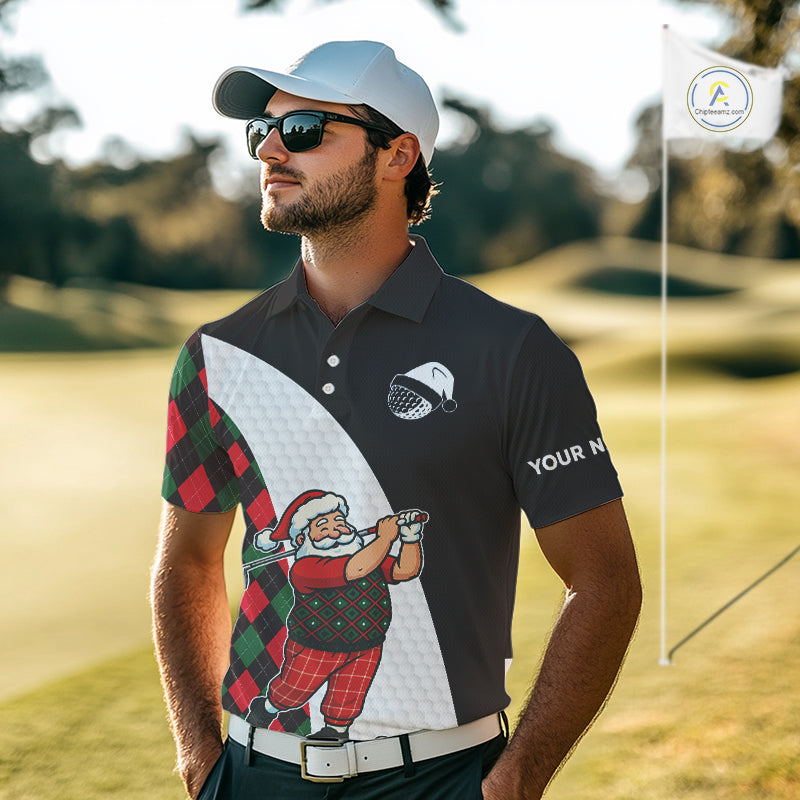 Funny Santa Golf Christmas Polo Shirt green and red argyle pattern Custom Golf outfit