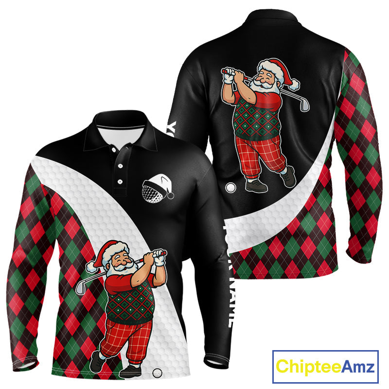 Funny Santa Golf Christmas Polo Shirt green and red argyle pattern Custom Golf outfit