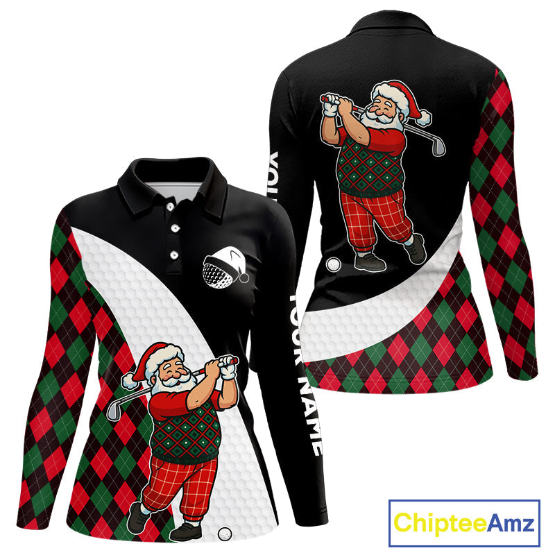 Funny Santa Golf Christmas Polo Shirt green and red argyle pattern Custom Golf outfit