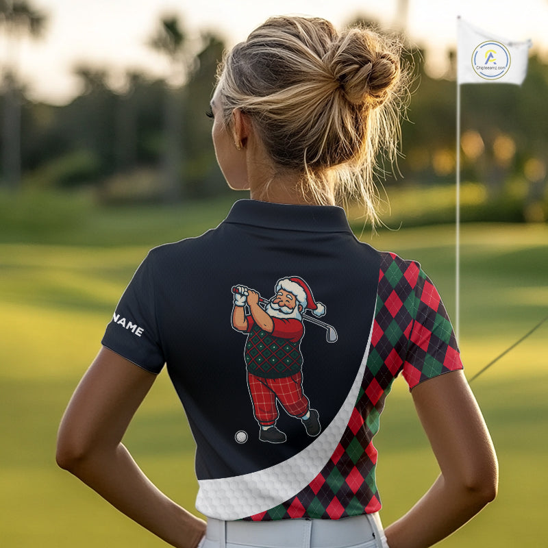 Funny Santa Golf Christmas Polo Shirt green and red argyle pattern Custom Golf outfit