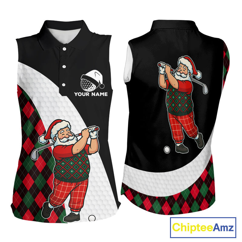 Funny Santa Golf Christmas Sleeveless Polo Shirt green & red argyle pattern Custom Golf outfit