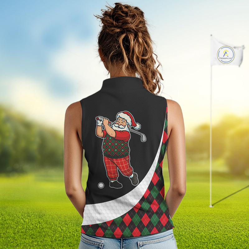 Funny Santa Golf Christmas Sleeveless Polo Shirt green & red argyle pattern Custom Golf outfit