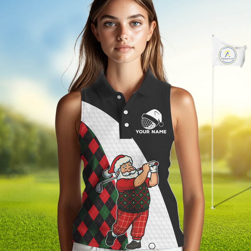 Funny Santa Golf Christmas Sleeveless Polo Shirt green & red argyle pattern Custom Golf outfit