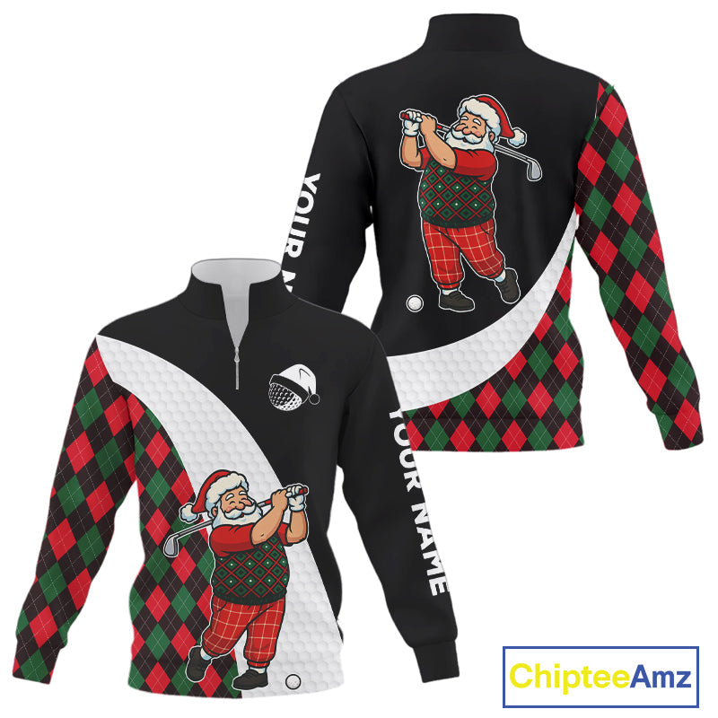 Funny Santa Golf Christmas Quarter zip golf sweatshirt argyle pattern Custom Golf outfit