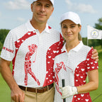 Personalized Red Hearts pattern matching golf polo shirts for couples custom Valentine golf gifts