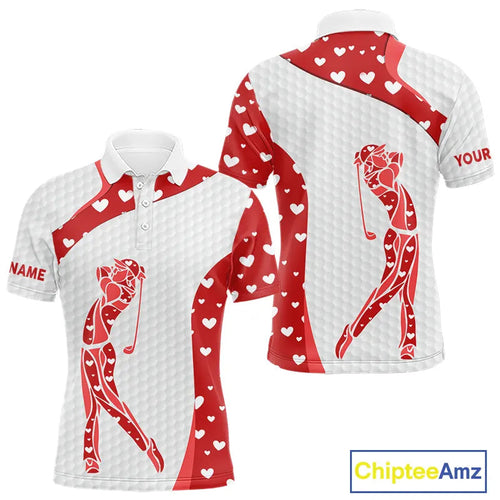 Personalized Red Hearts pattern golf white golf polo shirts custom name Valentine golf gifts