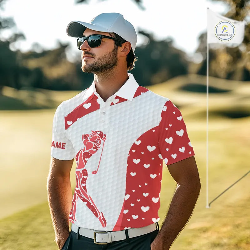 Personalized Red Hearts pattern golf white golf polo shirts custom name Valentine golf gifts