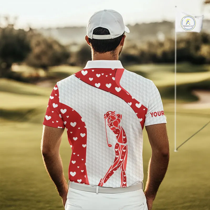 Personalized Red Hearts pattern golf white golf polo shirts custom name Valentine golf gifts