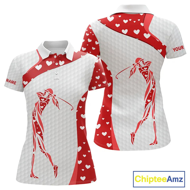 Personalized Red Hearts pattern golf white golf polo shirts custom name Valentine golf gifts
