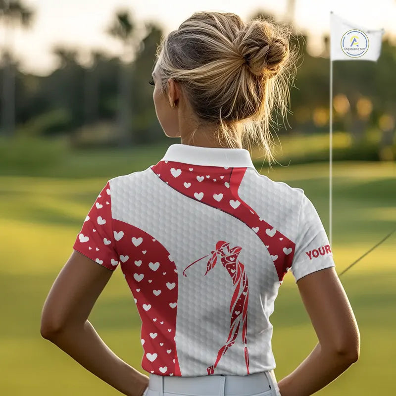 Personalized Red Hearts pattern golf white golf polo shirts custom name Valentine golf gifts