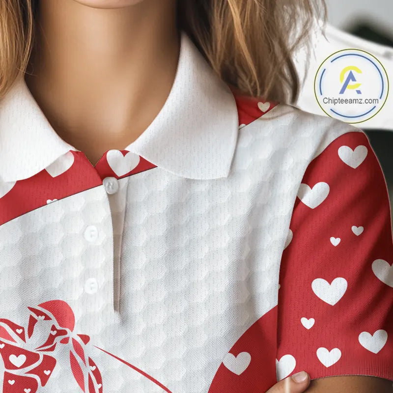 Personalized Red Hearts pattern golf white golf polo shirts custom name Valentine golf gifts