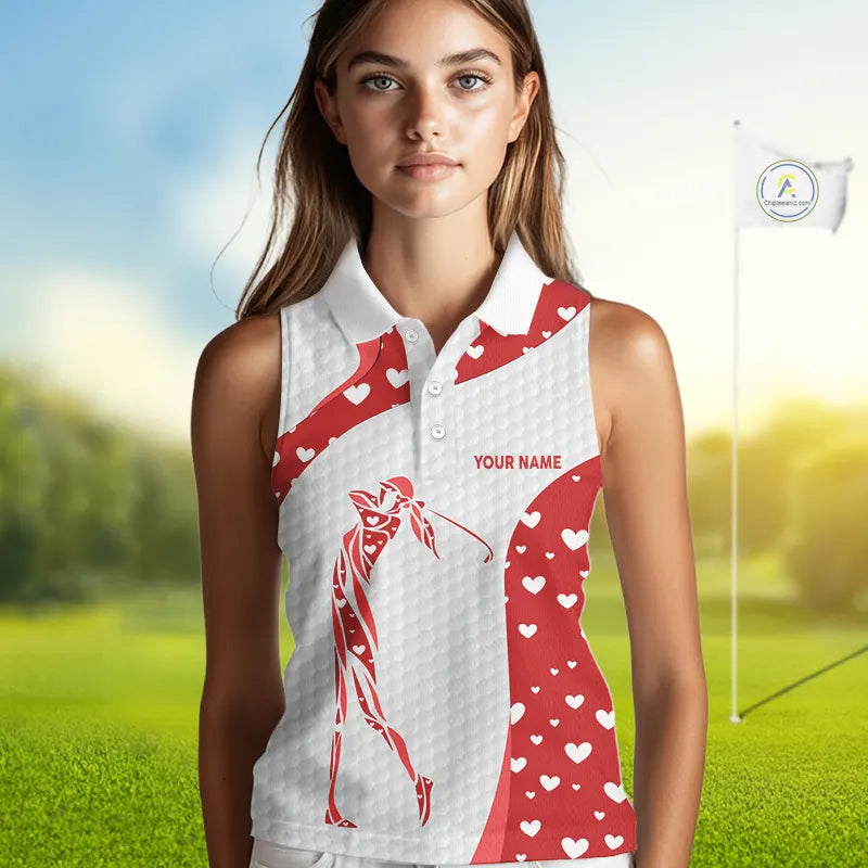 Personalized Red Hearts pattern golf white Sleeveless Golf Polo Shirt custom Valentine golf gifts