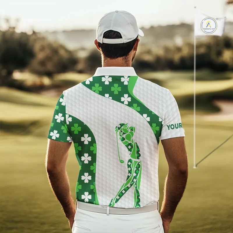 Personalized Green shamrock pattern golf white golf polo shirt custom St Patrick's Day golf gift