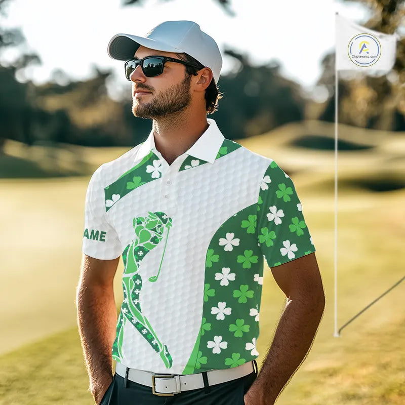 Personalized Green shamrock pattern golf white golf polo shirt custom St Patrick's Day golf gift