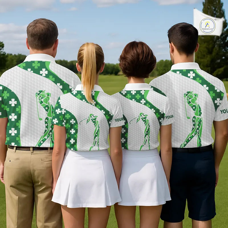 Personalized Green shamrock matching golf polo shirts for couples custom St Patrick's Day golf gifts