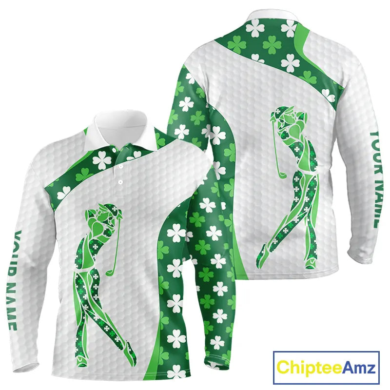 Personalized Green shamrock pattern golf white golf polo shirt custom St Patrick's Day golf gift