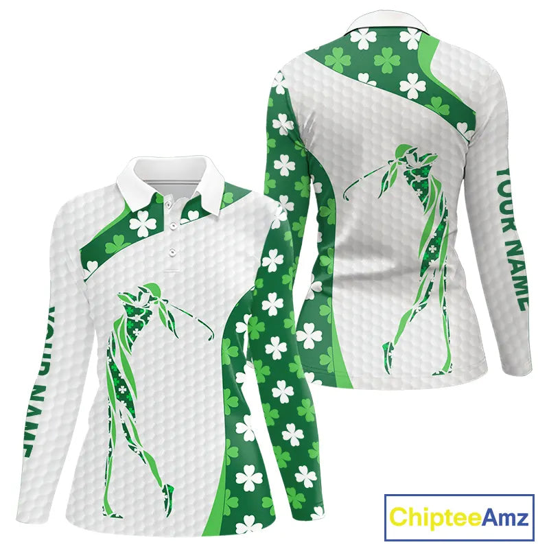 Personalized Green shamrock pattern golf white golf polo shirt custom St Patrick Day golf gift