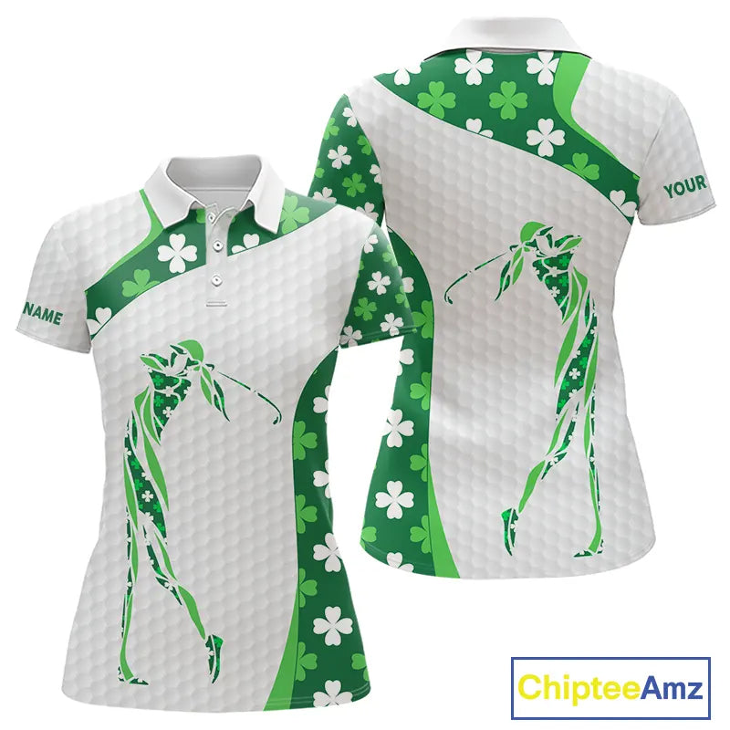 Personalized Green shamrock pattern golf white golf polo shirt custom St Patrick Day golf gift