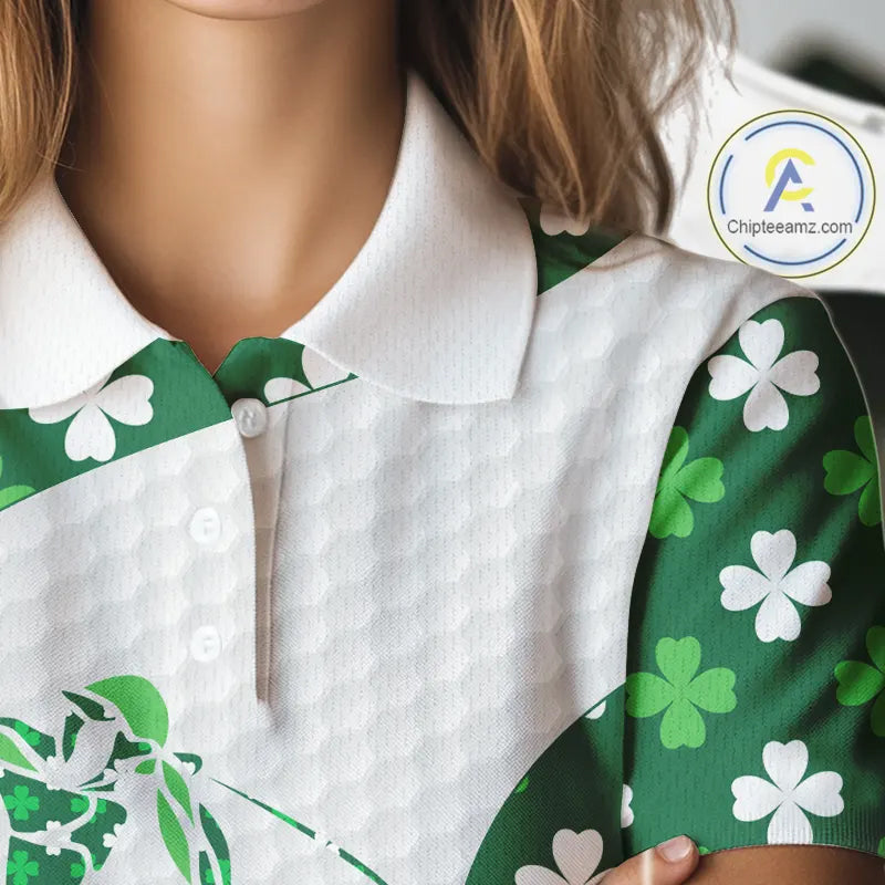 Personalized Green shamrock pattern golf white golf polo shirt custom St Patrick Day golf gift