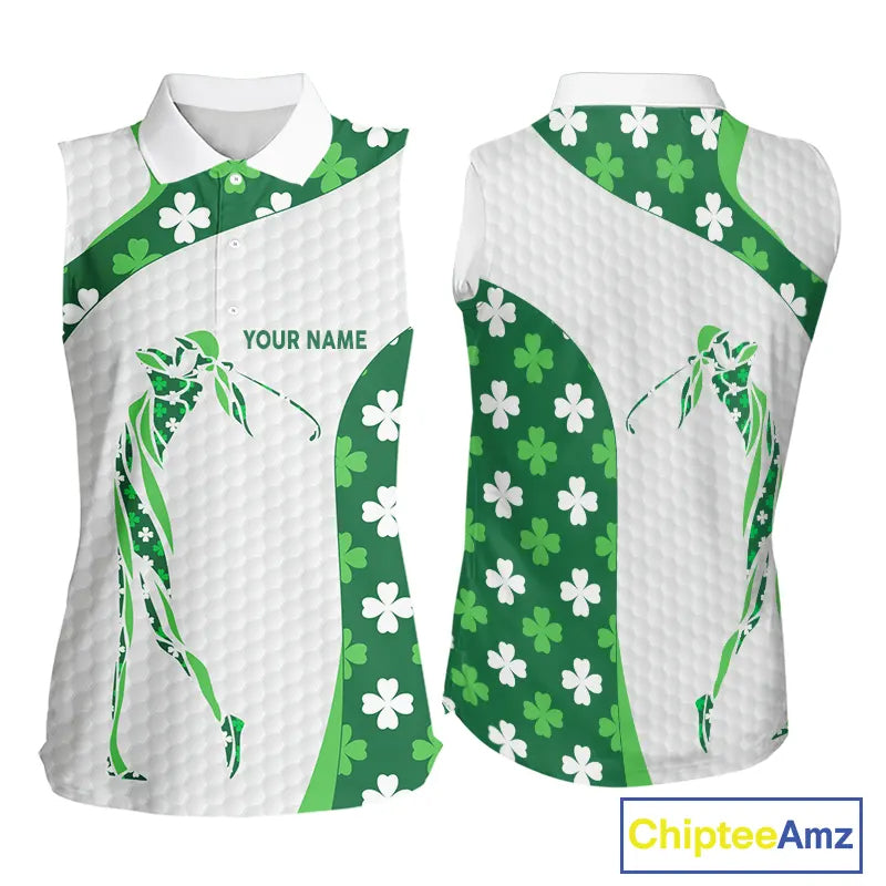 Personalized Green shamrock pattern Sleeveless Golf Polo Shirt custom St Patrick's Day golf gifts