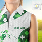 Personalized Green shamrock pattern Sleeveless Golf Polo Shirt custom St Patrick's Day golf gifts
