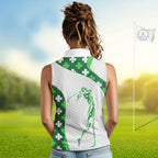 Personalized Green shamrock pattern Sleeveless Golf Polo Shirt custom St Patrick's Day golf gifts