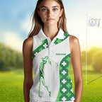 Personalized Green shamrock pattern Sleeveless Golf Polo Shirt custom St Patrick's Day golf gifts