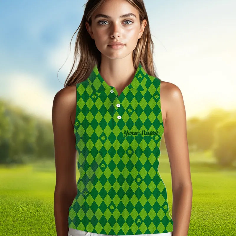 Personalized Green argyle pattern sleeveless polo shirt Custom St Patrick day golf top