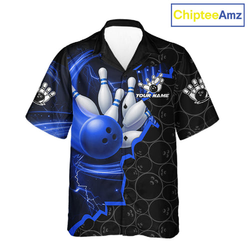 Black and Blue Camo Bowling Hawaiian Shirt Custom Bowling Team Jersey, Bowler Outfit