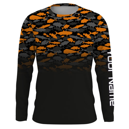 Fishing black orange camouflage UV long sleeve, hooded camo shirts Custom fishing apparel