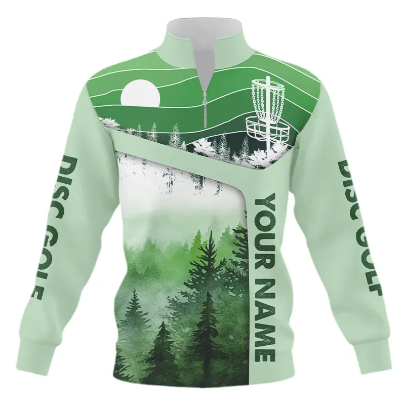 Mint Green Forest Retro Quarter zip sweatshirt custom disc golf sweater, disc golf apparel