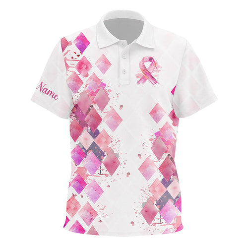 Watercolor Pink ribbon argyle pattern golf polo shirts custom breast cancer awareness shirts