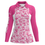 White and pink camo pattern custom name golf polo shirts, golf outfit