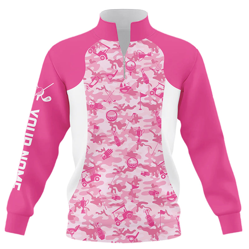White and pink camo pattern custom name Quarter zip golf sweatshirt, golf sweater outfit