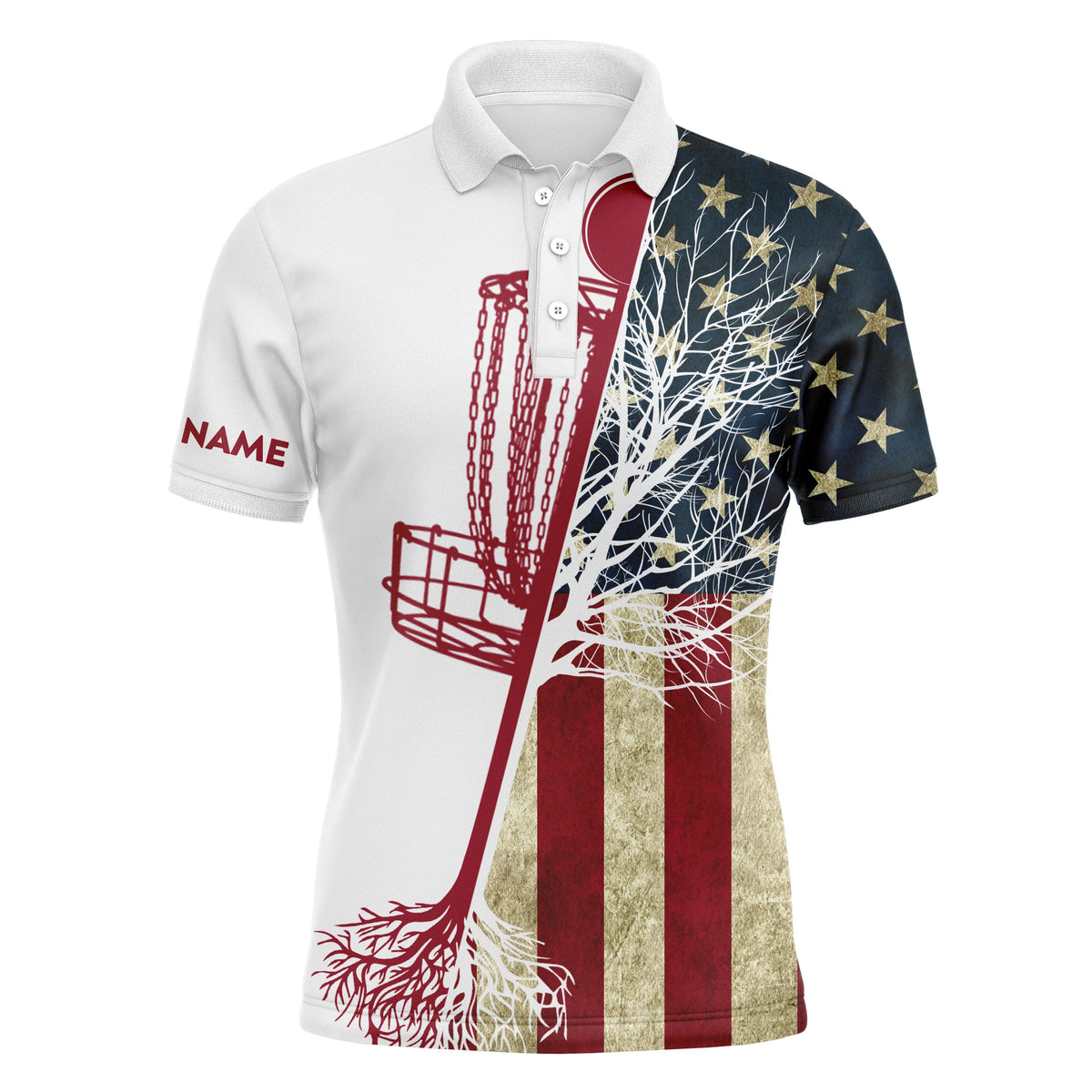 disc golf polo shirt custom vintage American flag disc golf basket, personalized disc golf shirts