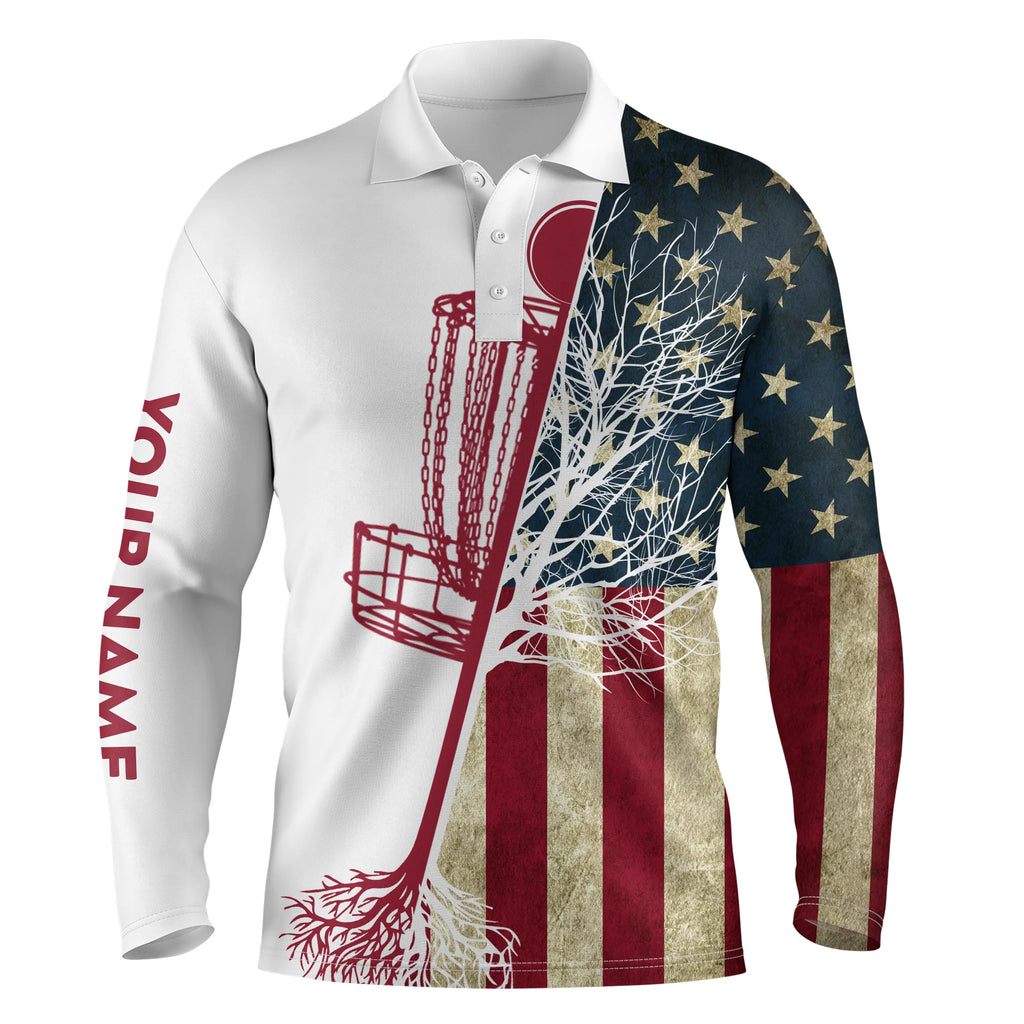 disc golf polo shirt custom vintage American flag disc golf basket, personalized disc golf shirts