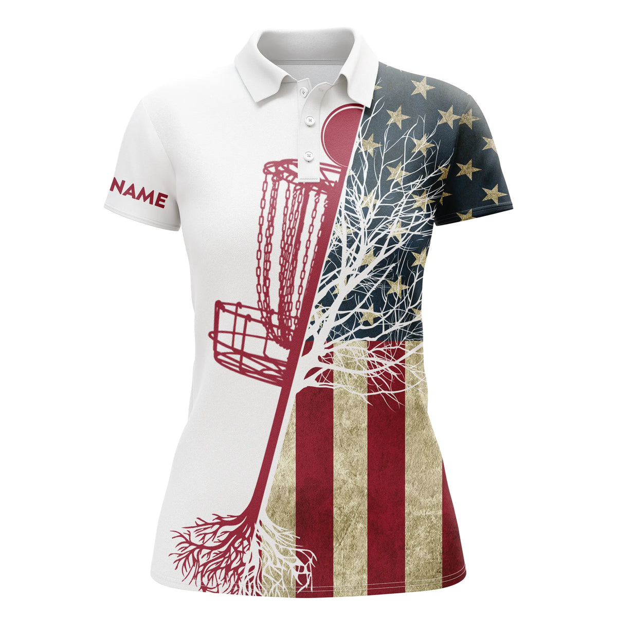 disc golf polo shirt custom vintage American flag disc golf basket, disc golf shirts