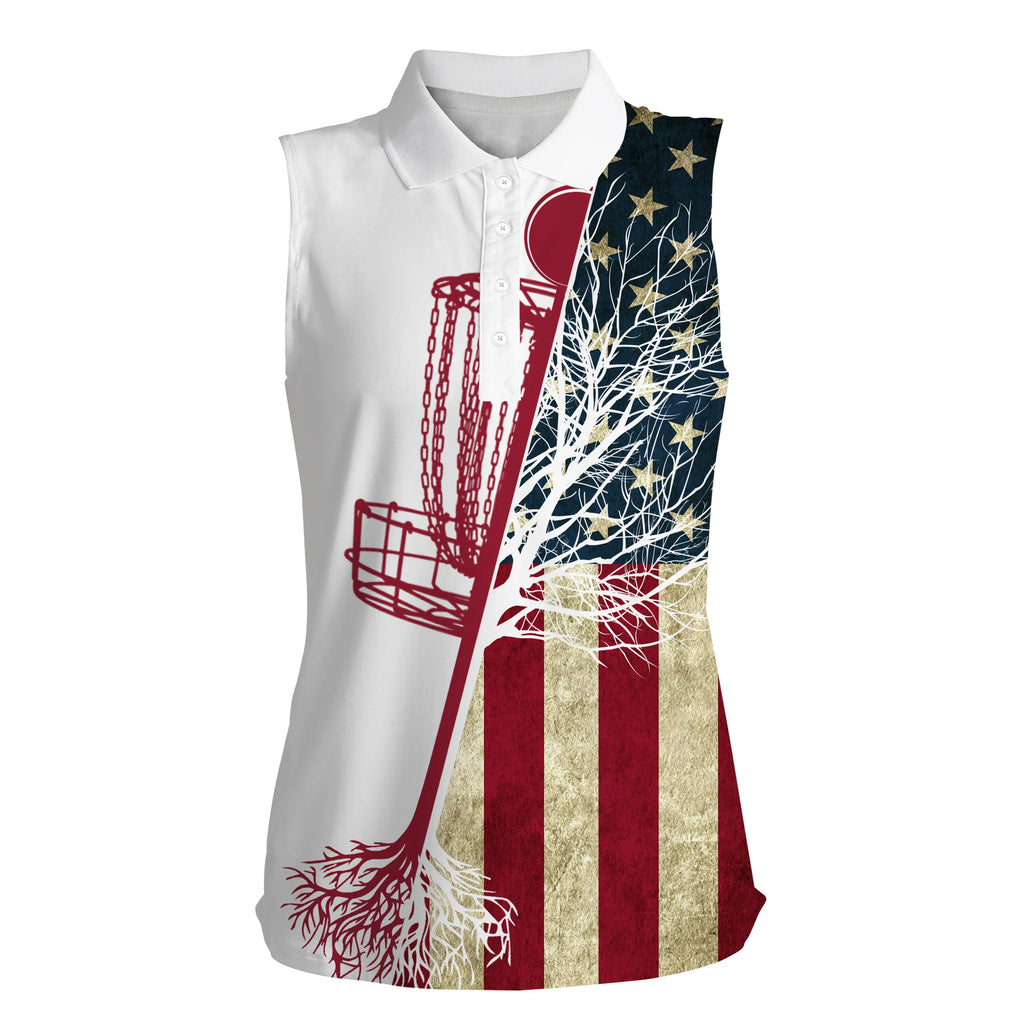 disc golf sleeveless polo shirt vintage American flag disc golf basket, patriot disc golf shirt